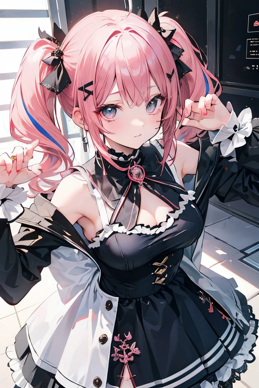 ((In Kyoto Animation Style)), super precision, masterpiece, very extremely beautiful, Princess Face, ((1 girl), ((Solo:1.5)), Big eyes, Pink hair, Mega Twin Tails, Big hair, Long hair, Very long hair, badly twisted hair, ((Super small breasts:1.5)), ((flat chest:1.5)), Faint lips, Professional Lighting, (18year old), Narrow waist, Shiny skin, Oiled skin, glistning skin, Looking at Viewer, Cowboy Shot, Dynamic Pose, GothGal, Wearing a goth gal costume, ((Dress:1.5)), bow ribbon, ((frilld)), ((Black Maid_Cap)), ((Stone room:1.5)), inside in room, ((Saliva:1.5)), (Drunk), narrow her eyes,Latex, A sexy, frombelow,