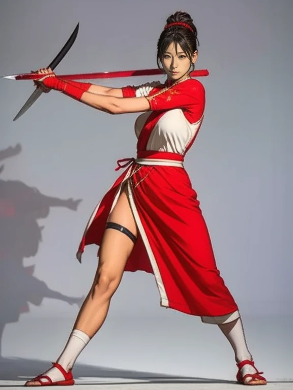 A woman wearing a red and white outfit and holding two swords, knife zero video game character, Sengoku period art style, Maid, Full body martial arts, Works inspired by Toshusai Sharaku, Kunoichi, Akira in Chinese mythology, knife, she is holding a knife sword, dramatic wielding knife pose