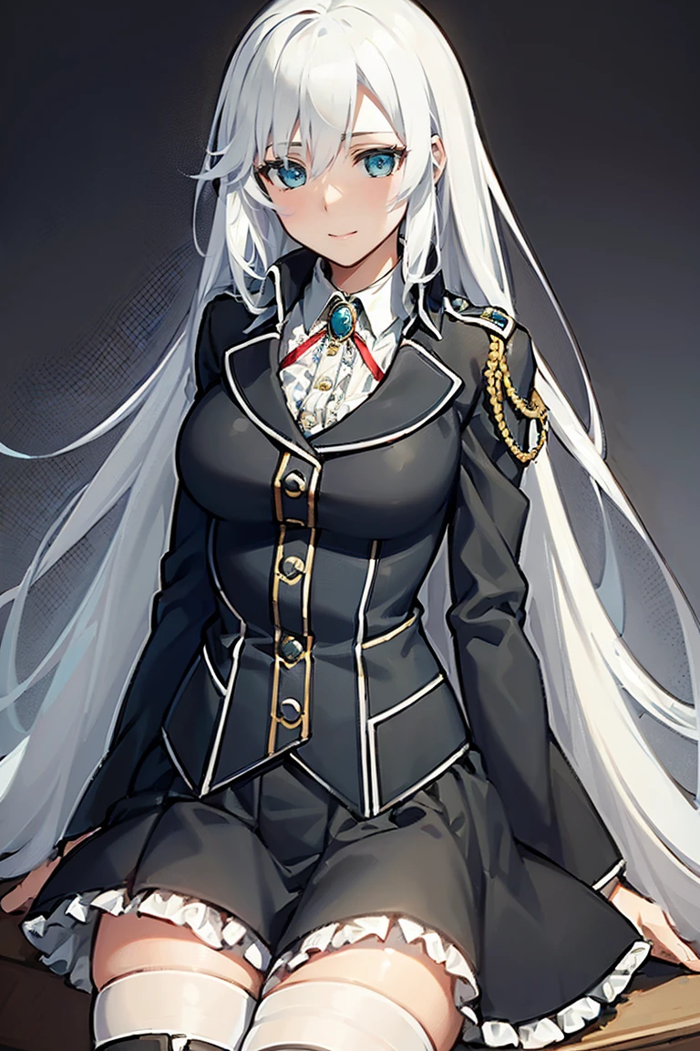 1girl la folia rihavein white hair, military uniform white shirt black skirt brooch, bare thighs, blue eyes, whitely silver hair,  collar, ribbon, detached collar, black skirt, frill, brown boots,  