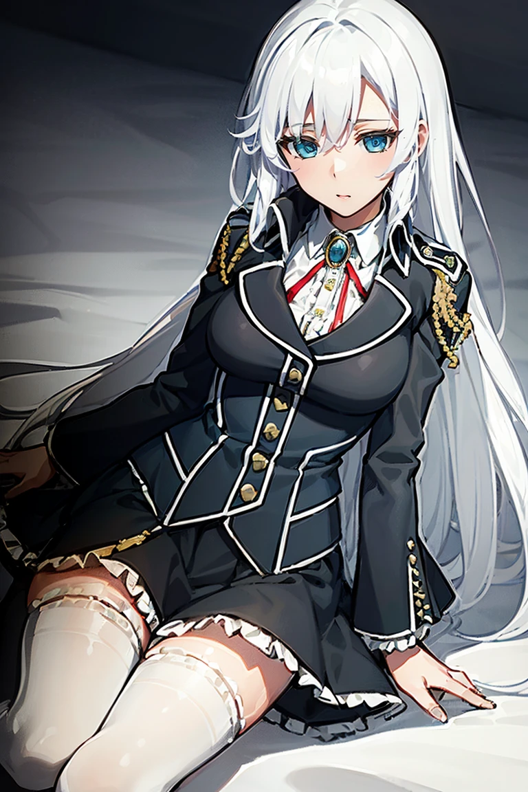 1girl la folia rihavein white hair, military uniform white shirt black skirt brooch, bare thighs, blue eyes, whitely silver hair,  collar, ribbon, detached collar, black skirt, frill, brown boots,  