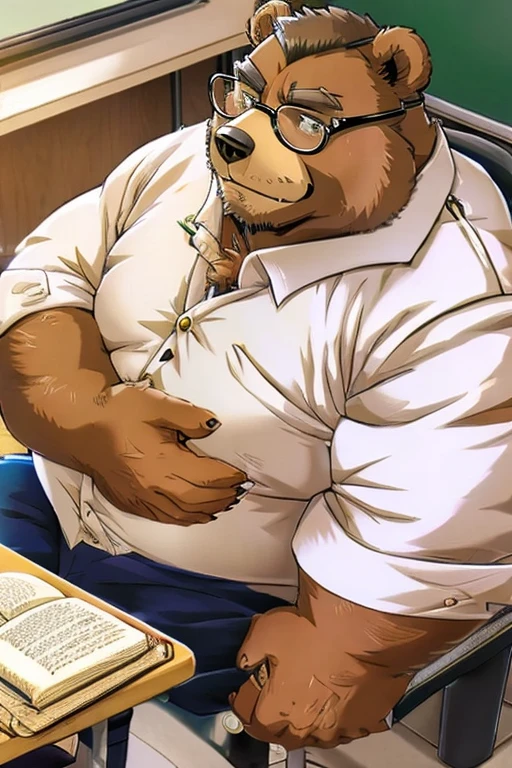 （（Being overweight））（Bear beastman wearing glasses)（（Wearing gakuran））School、classroom、Desk and chair、Study、During class)