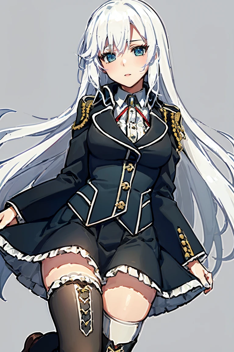 1girl la folia rihavein white hair, military uniform white shirt black skirt brooch, bare thighs, blue eyes, whitely silver hair, collar, ribbon, detached collar, black skirt, frill, brown boots,