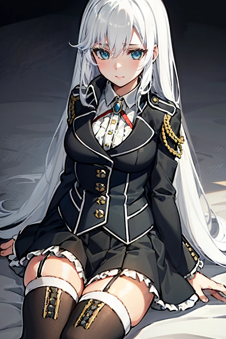 1girl la folia rihavein white hair, military uniform white shirt black skirt brooch, bare thighs, blue eyes, whitely silver hair, collar, ribbon, detached collar, black skirt, frill, brown boots,