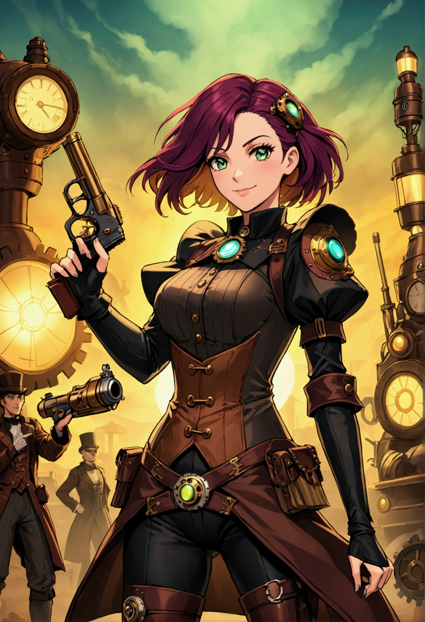 an attractive and sexy woman in steampunk armor, holding a ((steampunk)) pistol. The environment is set at a ((steampunk)) battlefield, where the woman is standing in the foreground, looking at the viewer with a mischievous smile a large battle is undergoing in the background. Vibrant colors, cinematic lighting, full face in focus.