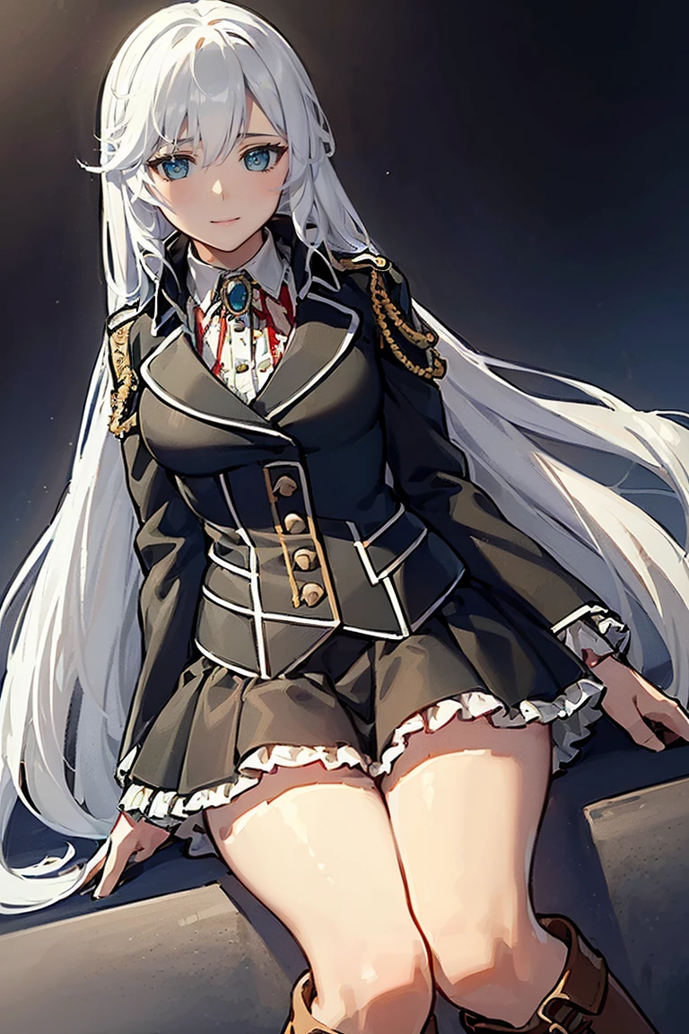 1girl la folia rihavein white hair, military uniform white shirt black skirt brooch, (((brown boots, bare knee bare thighs))), blue eyes, whitely silver hair, collar, ribbon, detached collar, black skirt, frill, 