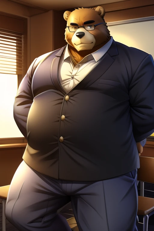 （（Being overweight））（Bear beastman wearing glasses)（（Wearing gakuran））School、classroom、Desk and chair、Study、During class)