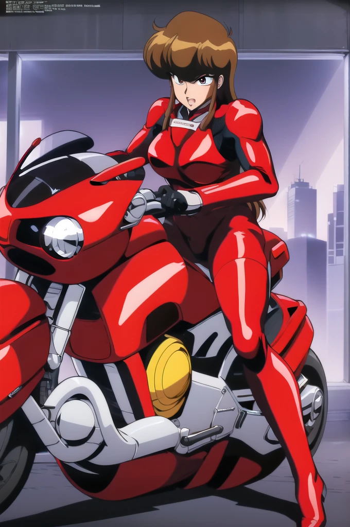 (masterpiece), (absurd), (high aesthetic sense), (absolute resolution), (Priscilla S. Asagiri), Bubblegum Crisis, Knight Sabers, ((Kenichi Sonoda)), ((magazine cover)),(focus on thighs, on), low angle, focus on thighs, ((red and black racing suit, on)), (futuristic red bike), ((riding a bike)), ((long hair, redhead, on)), (joyful laughter, erotic expression, on), Tokyo cityscape, light beams, cinematic lighting, (stunning face, symmetrical clear eyes, detailed eyes and face, detailed body, on), one girl, late teens, sidelock, motoslave, original video from the 80s, artmic, AIC,サイドロック