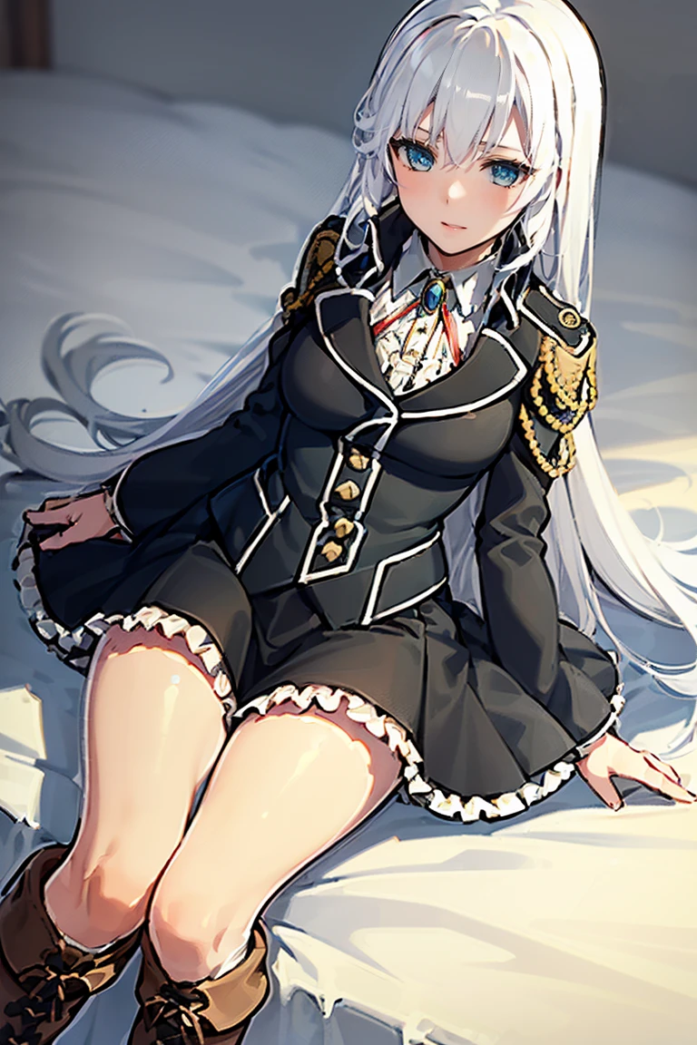 1girl la folia rihavein white hair, military uniform white shirt black skirt brooch, (((brown boots, bare knee bare thighs))), blue eyes, whitely silver hair, collar, ribbon, detached collar, black skirt, frill,