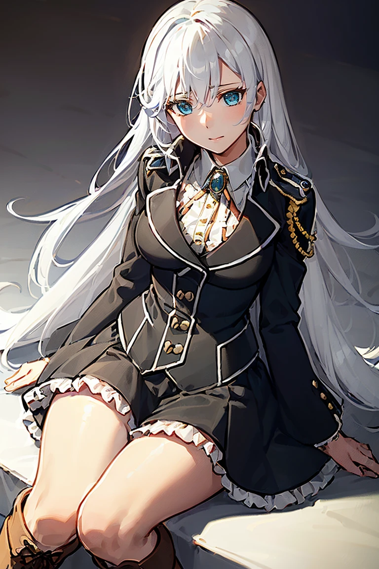 1girl la folia rihavein white hair, military uniform white shirt black skirt brooch, (((brown boots, bare knee bare thighs))), blue eyes, whitely silver hair, collar, ribbon, detached collar, black skirt, frill,