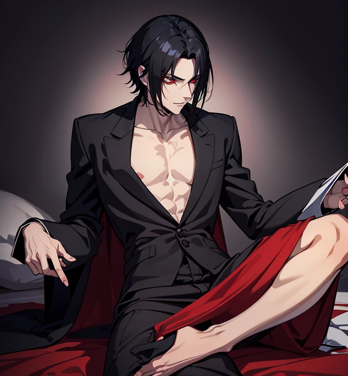 Short black hair, Alucard, whole body, One beautiful male grim reaper, Detailed Anime Character Art, バヌ・ハキム一族の男性vampire, vampire, Short black hair, Androgynous Vampire, Detailed male face 2, Surreal anime, Red eyes, No emotion, INTJ, intellectual, sexy, Charming, whole body, Tongle, No clothes, No shirt, Adult content, On the bed