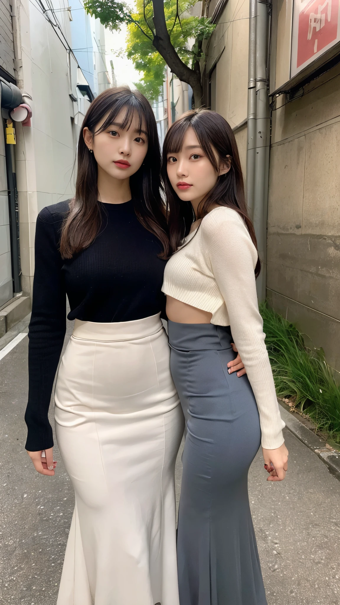 A composition that shows the subject up to the knees、(masterpiece,Best Quality,Ultra-high resolution),Extremely detailed CG,Bob hair with bangs、Beautiful and well-proportioned face、(((Two very beautiful Japanese women))),((Both are wearing high waist mermaid pencil skirts)),((Maxi length long skirt))、Long sleeve shirt,Hugging、Dark night back alley