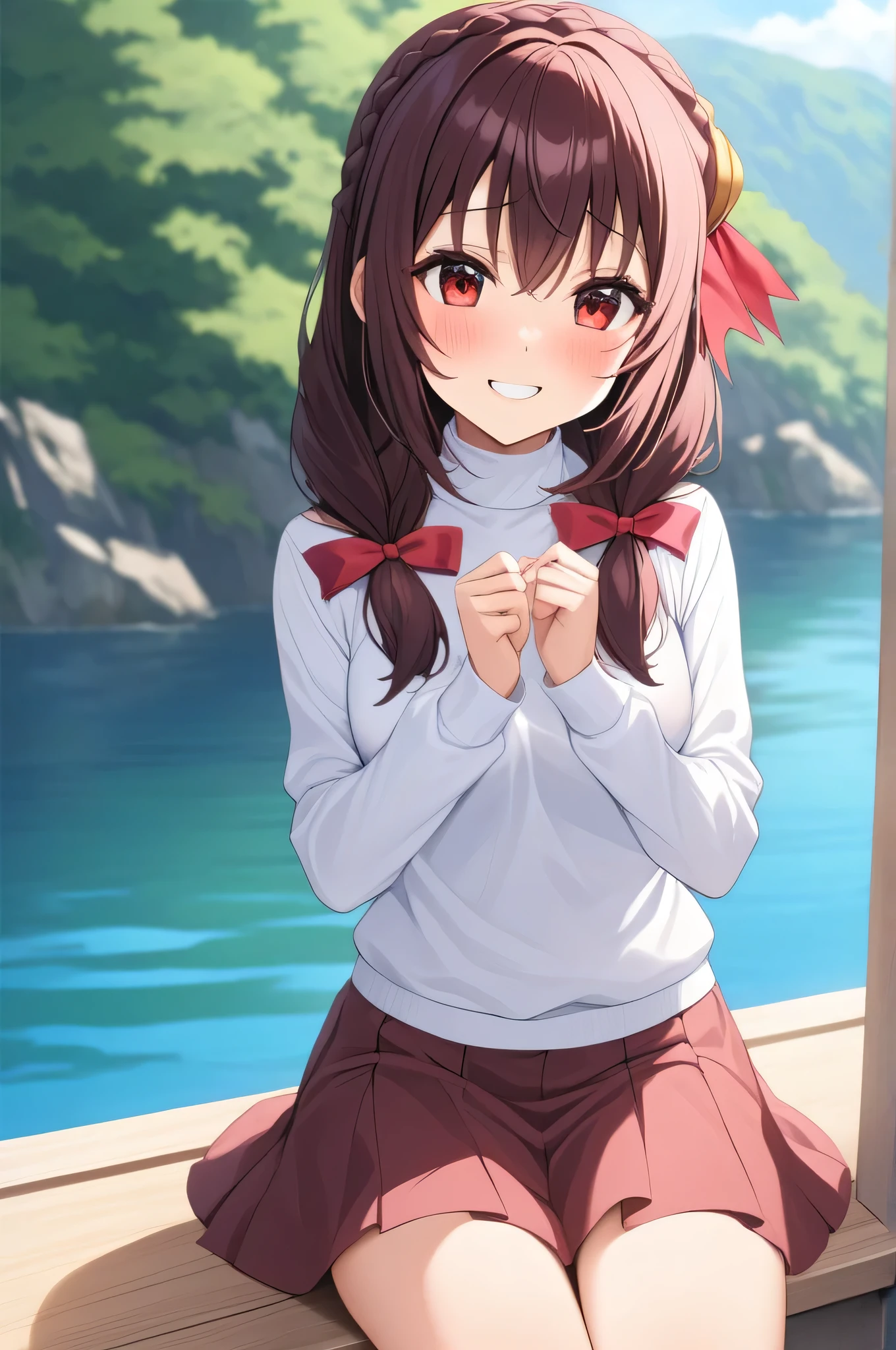 masterpiece,Best Quality, High resolution,One person, Yunyun、My name is Yunyun, Crown braids in the same color as your hair, Red eyes、Hair Accessories, Hair Ribbon, (White turtleneck:1.2)、(Brown Skirt), Knee socks、(Happy smile:1.6)、(blush:1.4)、Boat ride on the lake、Shy、♥