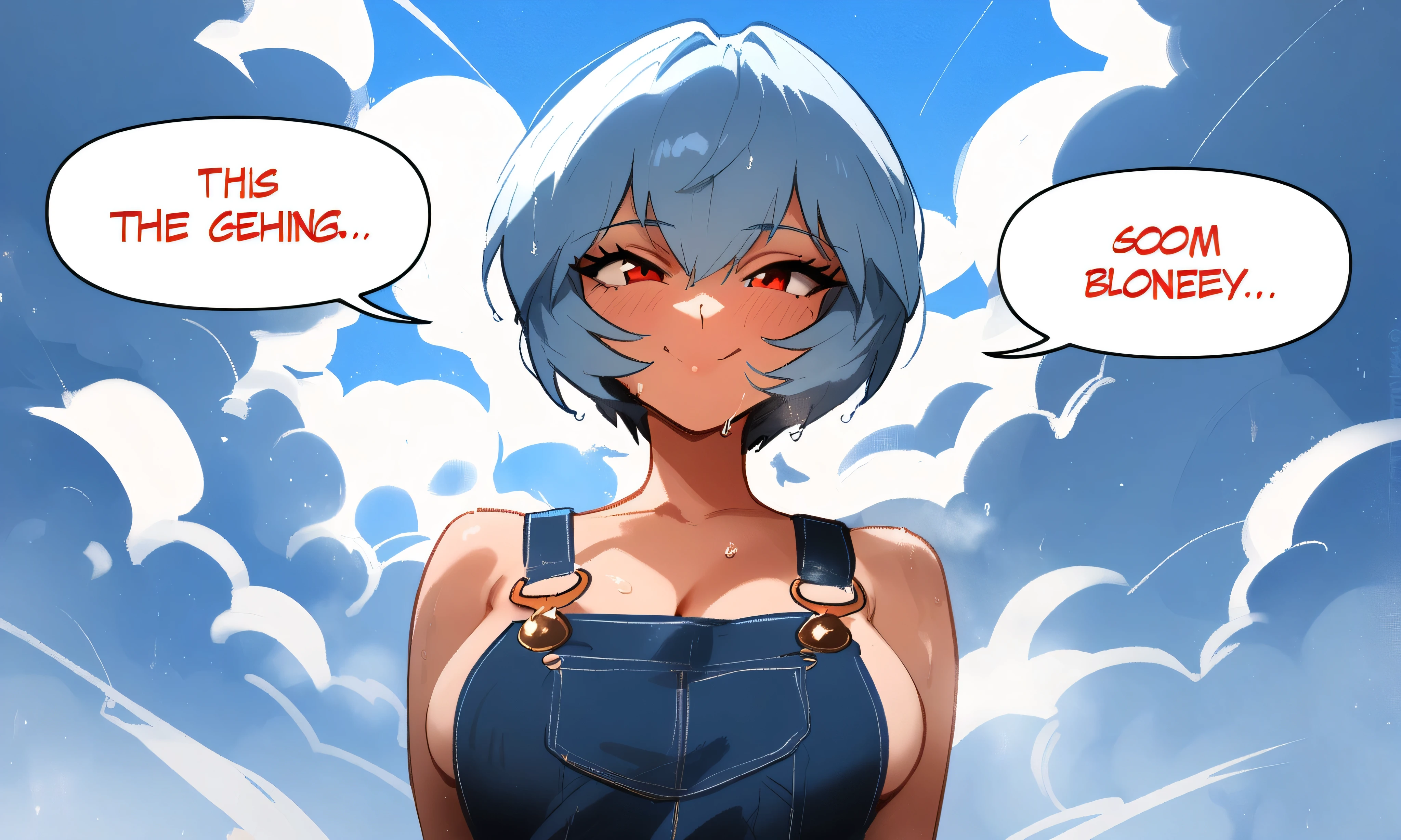 1girl, ayanami rei, neon genesis evangelion \\\\\ masterpiece, best quality, newest, ///// nyantcha, khyle, \\\\\ highres, absurdes. , solo, wet, sweat, shiny skin, straight-on, big breasts, naughty face, three quarter view, cropped,overalls, skinny, upper body, speech bubble, clouds, sky, red eyes
