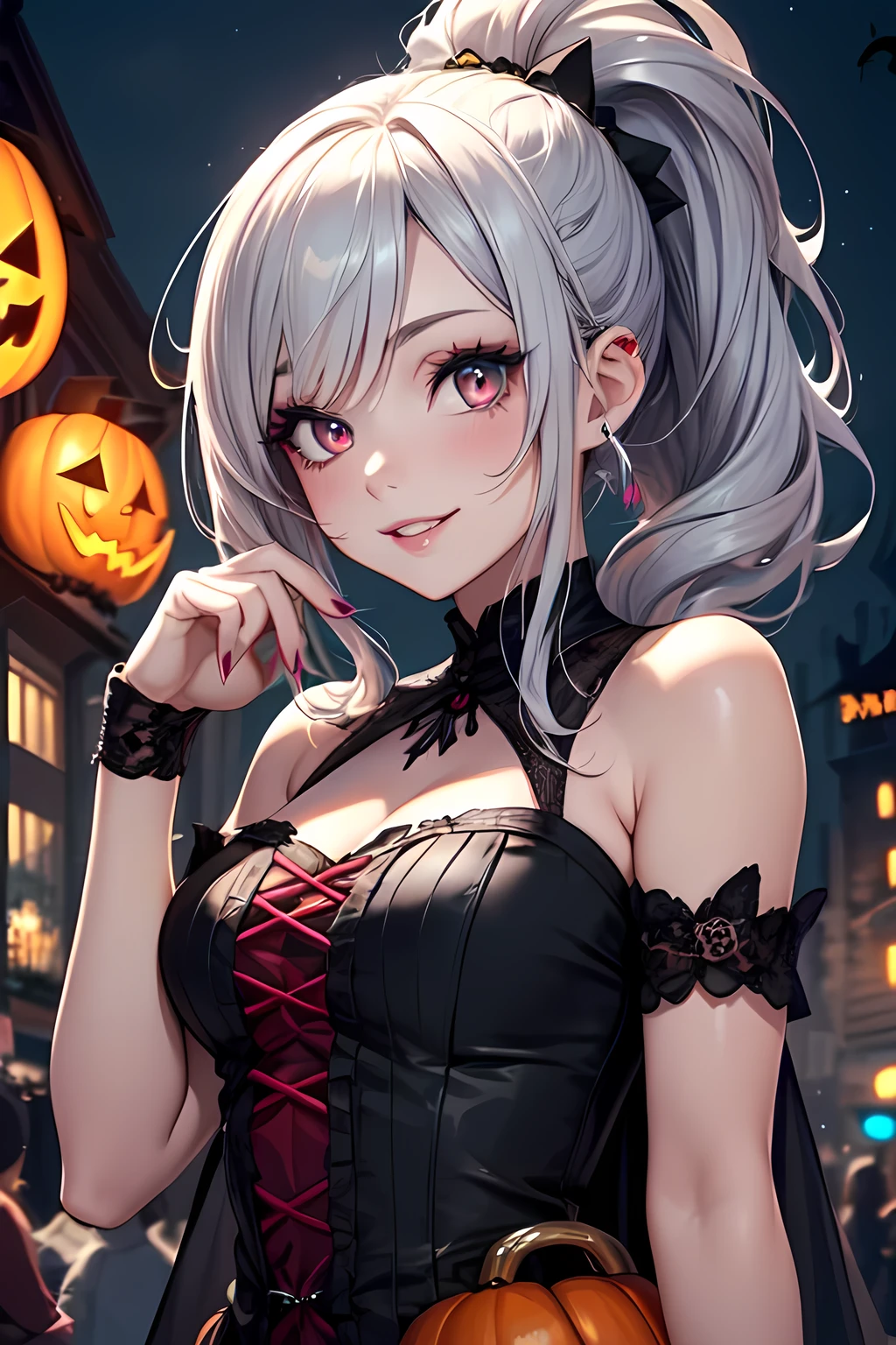 tattoo girl, very beautiful, murderous, Harley Quinn, crazed look, dark background, 8K, dynamic wallpaper, very delicate, very dense, creepy smile, cityscape with bat signal in background, wearing a wedding dress