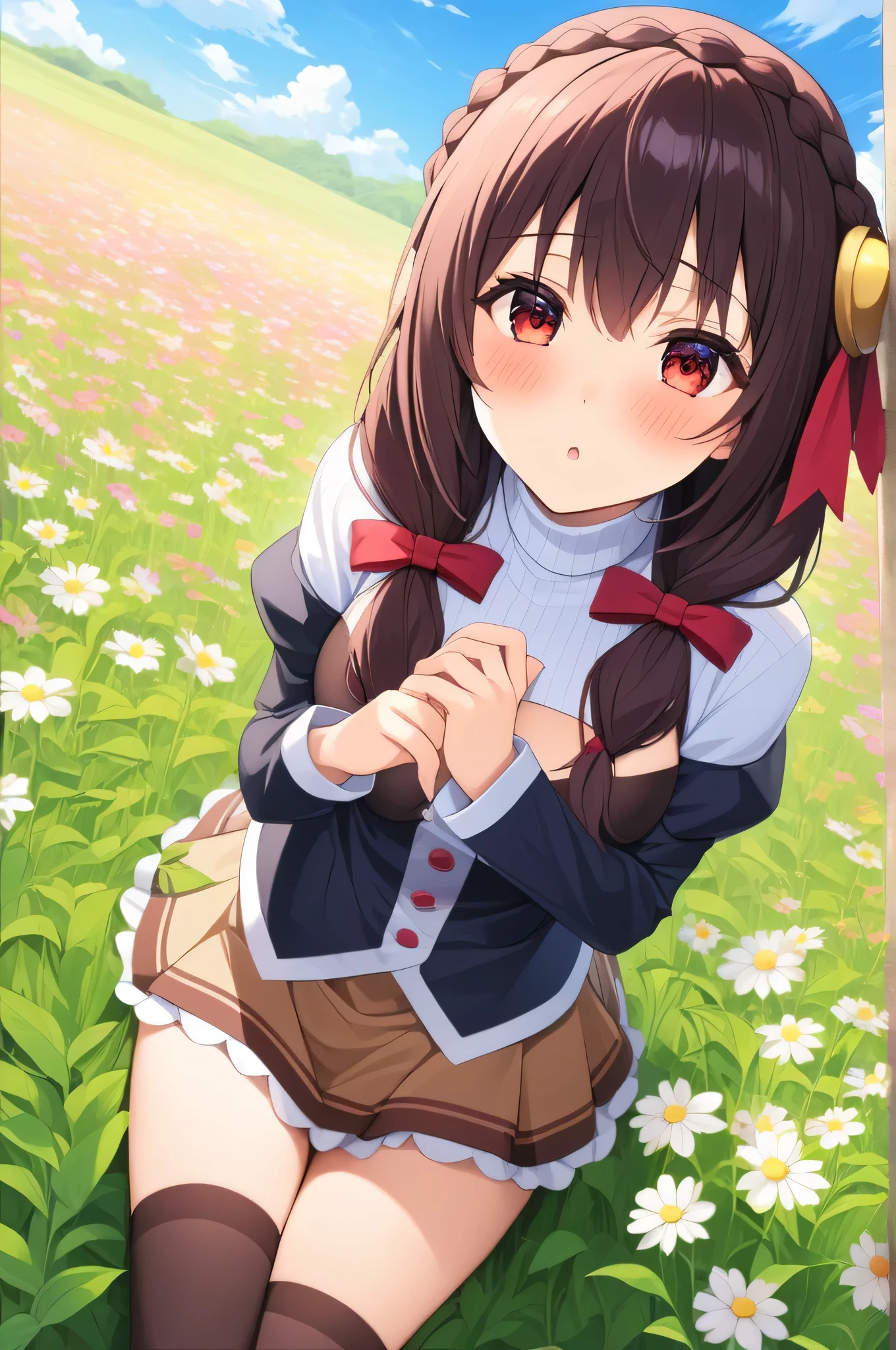 masterpiece,Best Quality, High resolution,One person, Yunyun、My name is Yunyun, Crown braids in the same color as your hair, Red eyes、Hair Accessories, Hair Ribbon, (White turtleneck)、(Brown Skirt), The chest is large、Knee socks、(Kiss the viewer:1.4)、(blush:1.7)、(Close your eyes:1.2)、The background is a cosmos flower field、blue sky、♥、heart、View from above