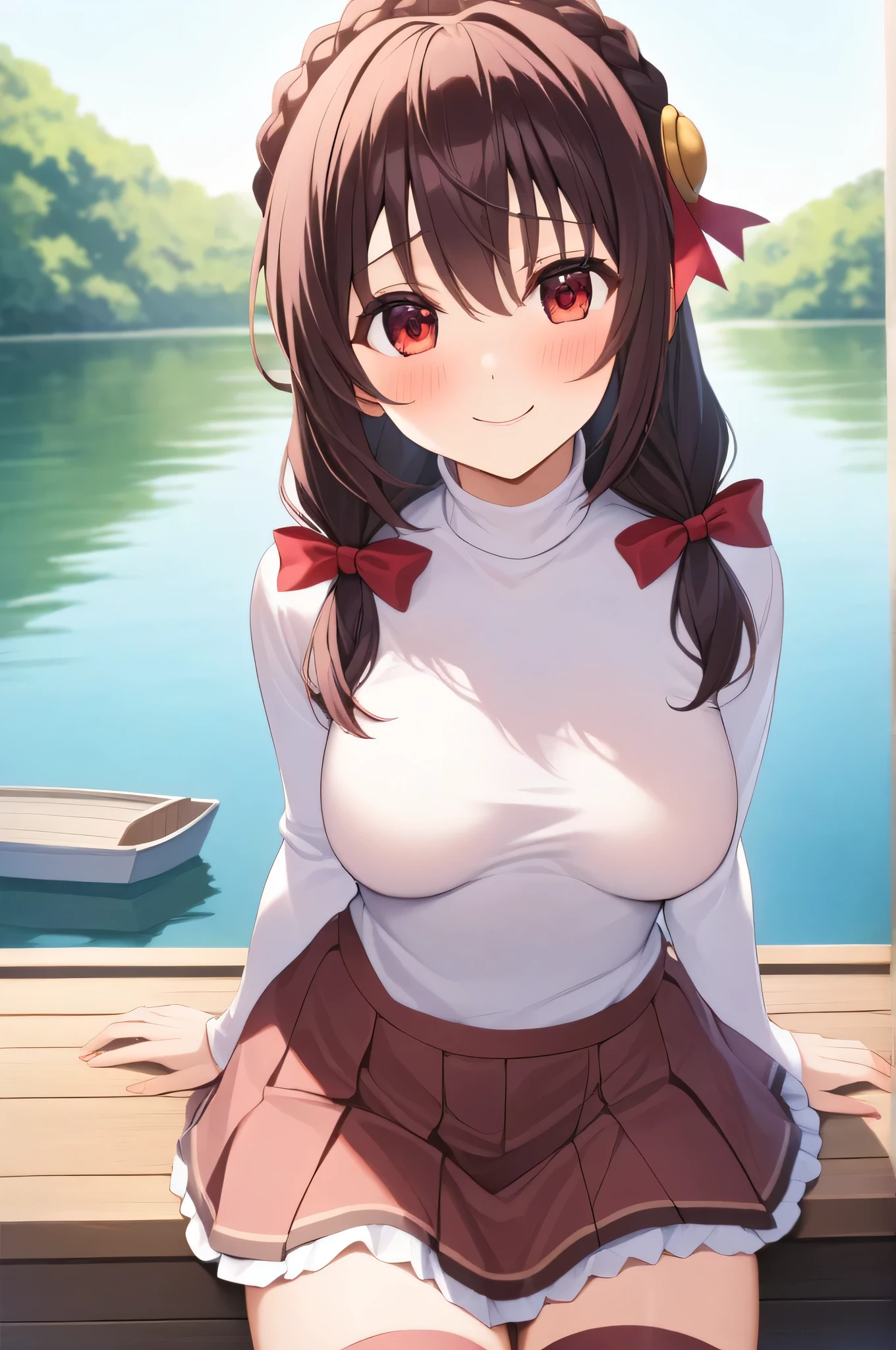 masterpiece,Best Quality, High resolution,One person, Yunyun、My name is Yunyun, Crown braids in the same color as your hair, Red eyes、Hair Accessories, Hair Ribbon, (White turtleneck:1.2)、(Brown Skirt), Knee socks、(Happy smile:1.6)、(blush:1.4)、Boat ride on the lake、Shy、♥、(Approaching the viewer)