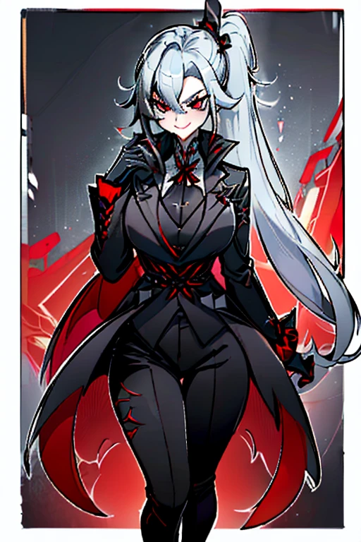 female, silver long hair in thin ponytail, red eyes, (((1girl))), (((silver and black coat with red lining)), (black shirt), (black pants), (black heeled shoes), (black belts), (black gloves with gold nails), (red ribbon around collar), (red top hat with black trim), (cute and sexy, full body, big breasts, long legs, smiling