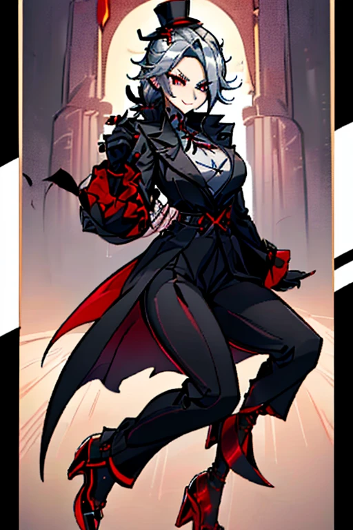 female, silver long hair in thin ponytail, red eyes, (((1girl))), (((silver and black coat with red lining)), (black shirt), (black pants), (black heeled shoes), (black belts), (black gloves with gold nails), (red ribbon around collar), (red top hat with black trim), (cute and sexy, full body, big breasts, long legs, smiling