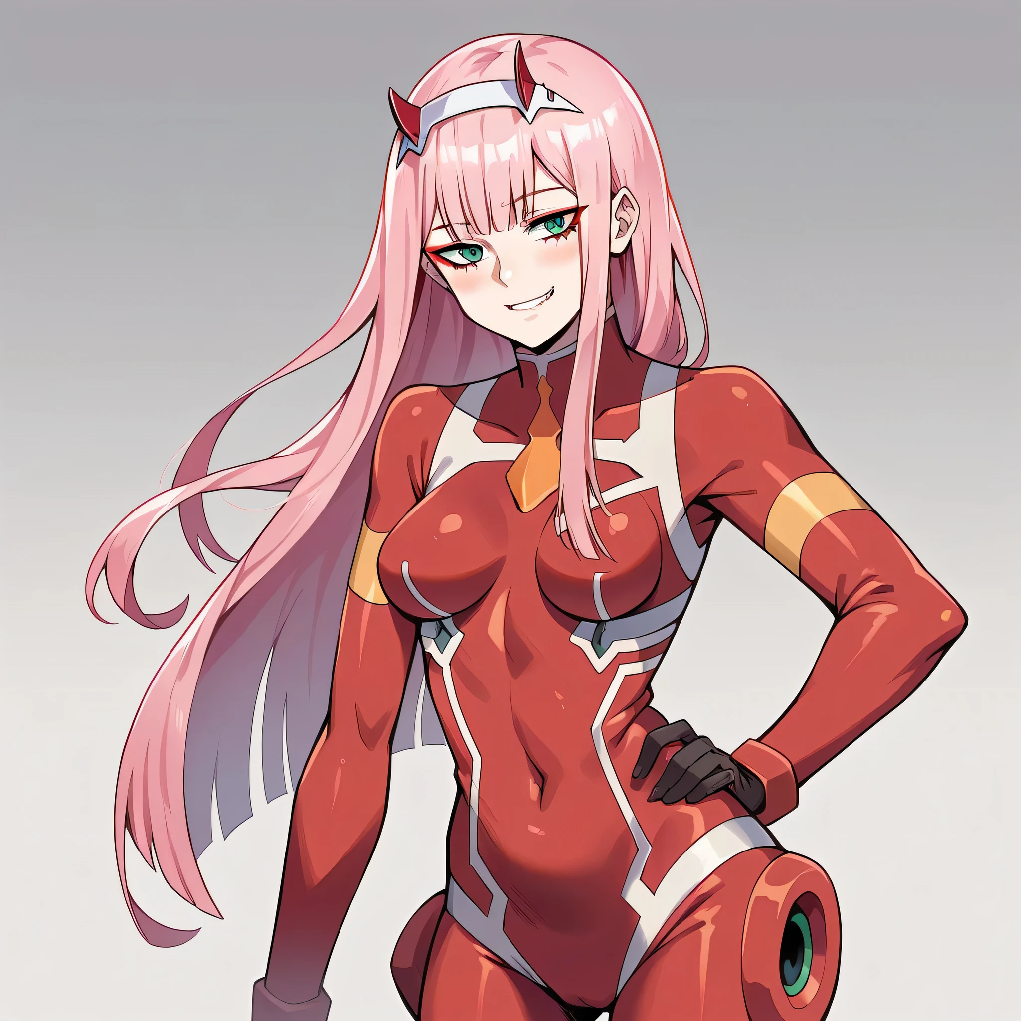 zero two \(darling in the franxx\), darling in the franxx, 1girl, bangs, biting, blush, covered navel, eyeshadow, green eyes, hair behind head, horns, smile, long hair, looking at viewer, makeup, small breasts, pilot suit, red suit, pink hair, red eyeshadow, science fiction, skin tight, solo