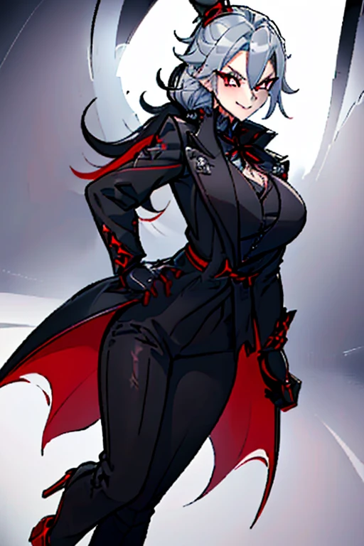 female, silver long hair in thin ponytail, red eyes, (((1girl))), (((silver and black coat with red lining)), (black shirt), (black pants), (black heeled shoes), (black belts), (black gloves with gold nails), (red ribbon around collar), (red top hat with black trim), (cute and sexy, full body, big breasts, long legs, smiling