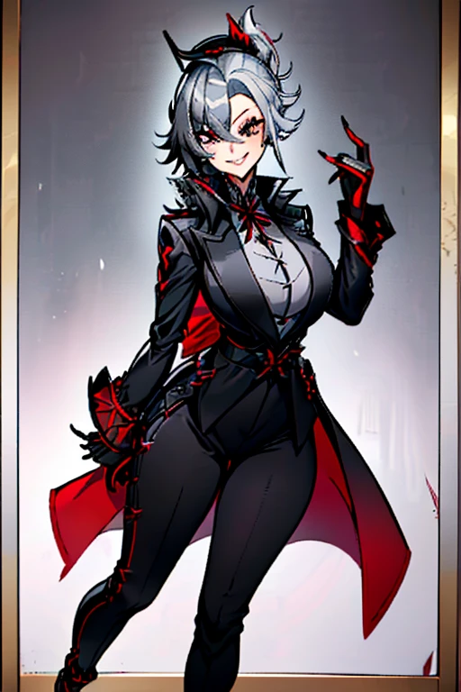 female, silver hair with thin ponytail, red eyes, (((1girl))), (((silver coat with red lining)), (black shirt), (black pants), (black heeled shoes), (black belts), (black gloves with gold nails), (red ribbon around collar), (red top hat with black trim), (cute and sexy, full body, big breasts, long legs, smiling