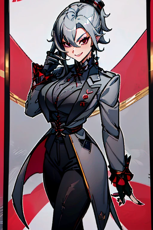 female, silver hair with thin ponytail, red eyes, (((1girl))), (((silver coat with red lining)), (black shirt), (black pants), (black heeled shoes), (black belts), (black gloves with gold nails), (red ribbon around collar), (red top hat with black trim), (cute and sexy, full body, big breasts, long legs, smiling