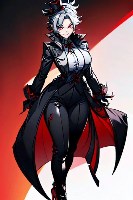 female, silver hair with thin ponytail, red eyes, (((1girl))), (((silver coat with red lining)), (black shirt), (black pants), (black heeled shoes), (black belts), (black gloves with gold nails), (red ribbon around collar), (red top hat with black trim), (cute and sexy, full body, big breasts, long legs, smiling