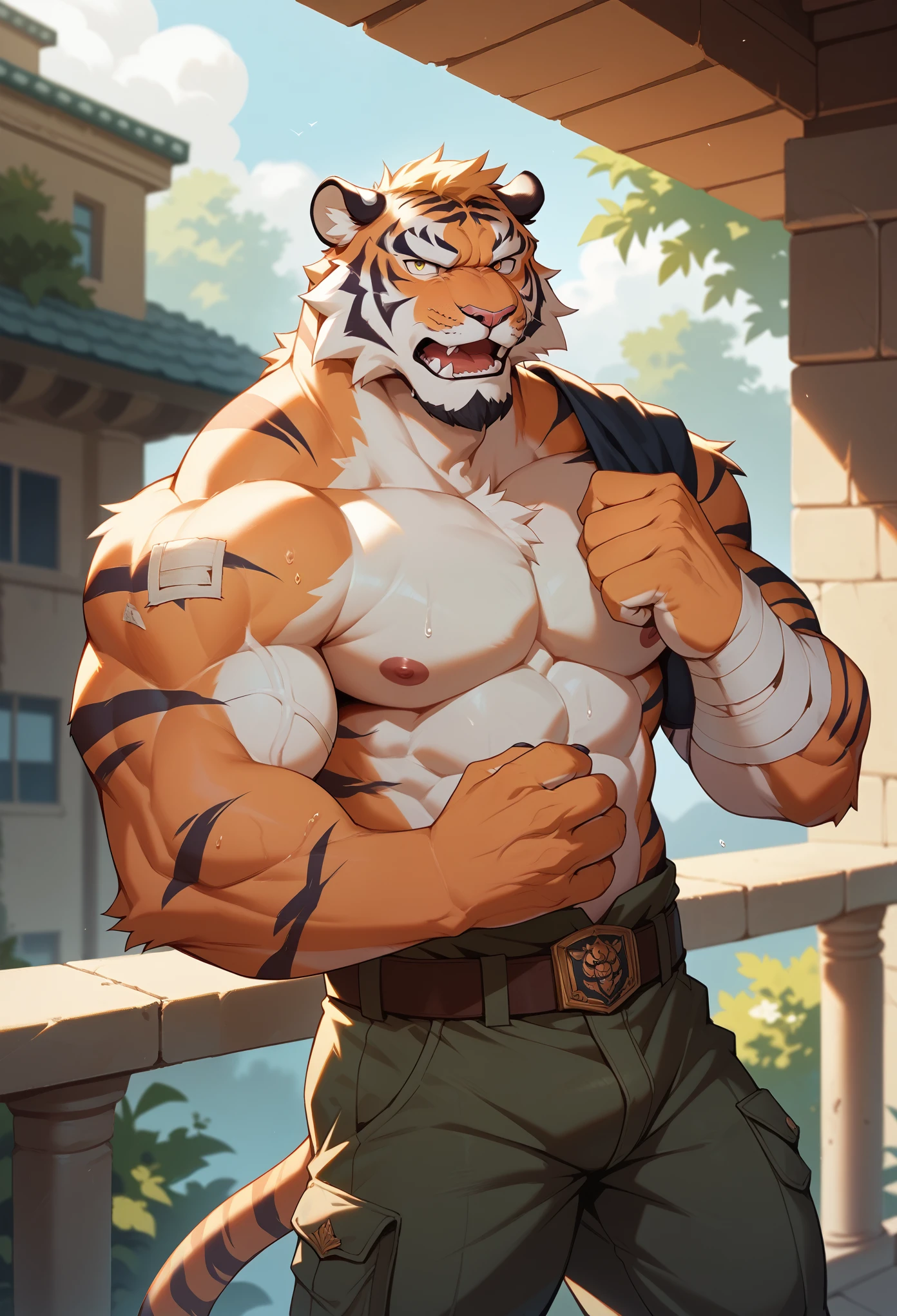 Best quality, masterpiece,ultra high res,detailed background,realistic, real shadow and light,depth of field, looking at the viewer, strong arm and veins, (furry male), (Tiger furry), topless, military pants, older, elder, beard, Sexy body, angry face, sweat body, bandage on shoulder and arm, injured, bandage, balcony, morning, morning breeze, erection under cloths, Buffy, old tiger, middle aged, half body, close up, buffy, muscle, open mouth, huge scar on his body, show his armpit, armed.