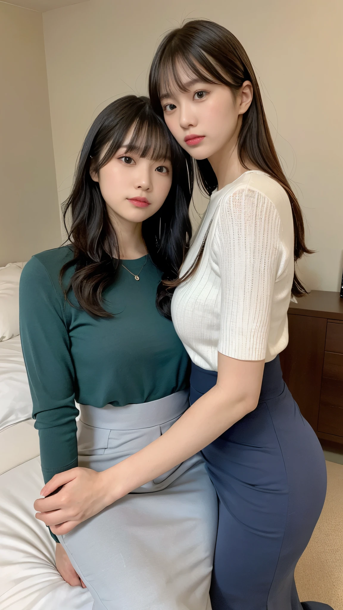 A composition that shows the subject up to the knees、(masterpiece,Best Quality,Ultra-high resolution),Extremely detailed CG,Bob hair with bangs、Beautiful and well-proportioned face、(((Two very beautiful Japanese women))),((Both are wearing high waisted mermaid pencil skirts made from smooth fabric.)),((Maxi length long skirt))、Long sleeve shirt,Hugging、sitting on the edge of the bed