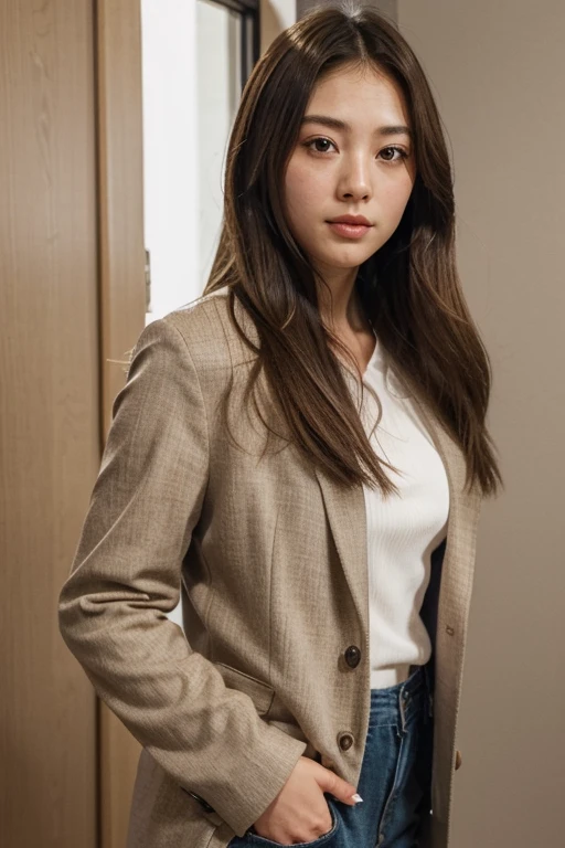 Jessica Henwick, long detailed brown hair, beautiful detailed eyes, beautiful detailed lips, purple overcoat, white t-shirt, black mini skirt, extremely detailed face and body, photorealistic, 8k, high quality, masterpiece, cinematic lighting, dramatic shadows, warm color palette, elegant pose