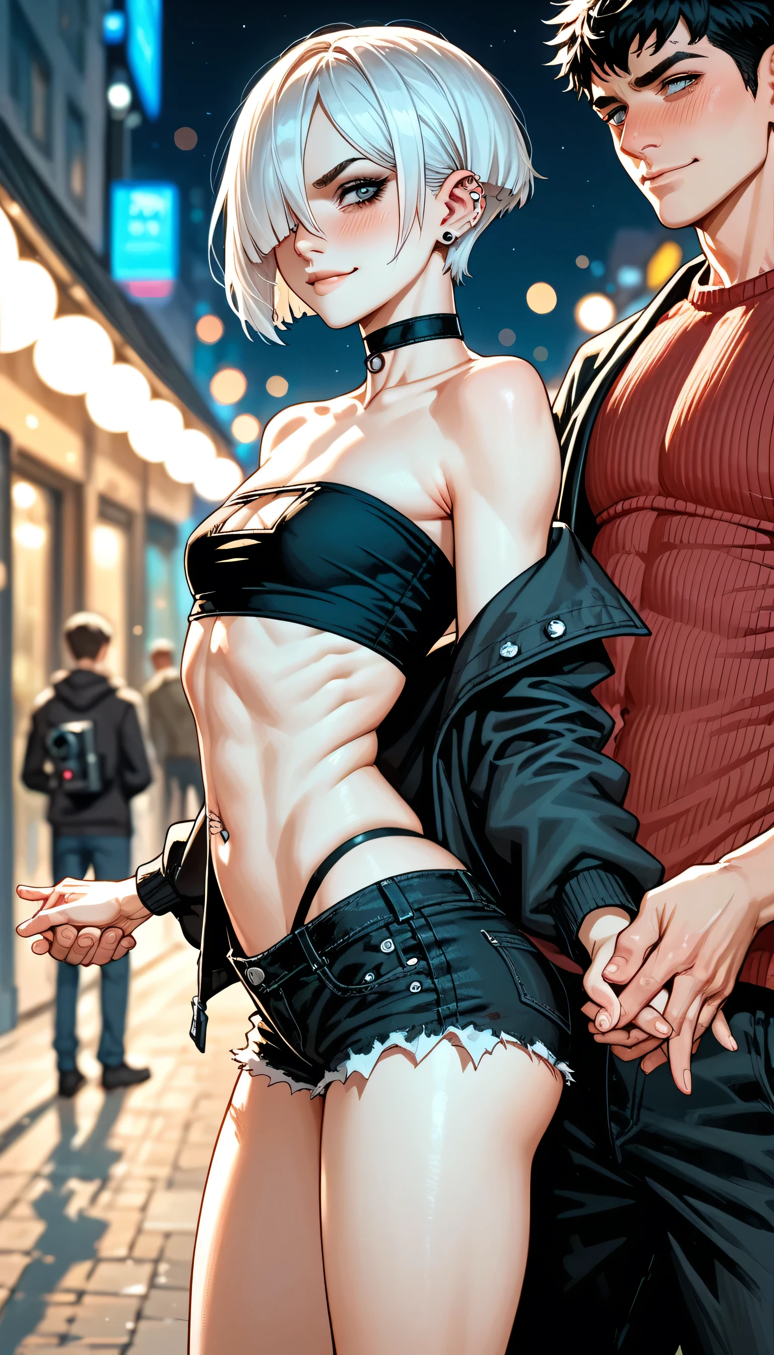 2 character, 1 big and muscular-male (no-face); 1 petite Goth girl shorter than the male (around his upper arm), size difference, piercing, white hair, hair over one eye, tube top, sagging jacket, ((micro-ripped-shorts)), navel, small breast, big ass and bare thighs, choker, three-quarter view from behind, view from side, looking at the camera, ((walk with male, lean on male, holding hand)), naughty smirk, blushing, dramatic angle, blurry background, bokeh, city night lamp, above eye level camera