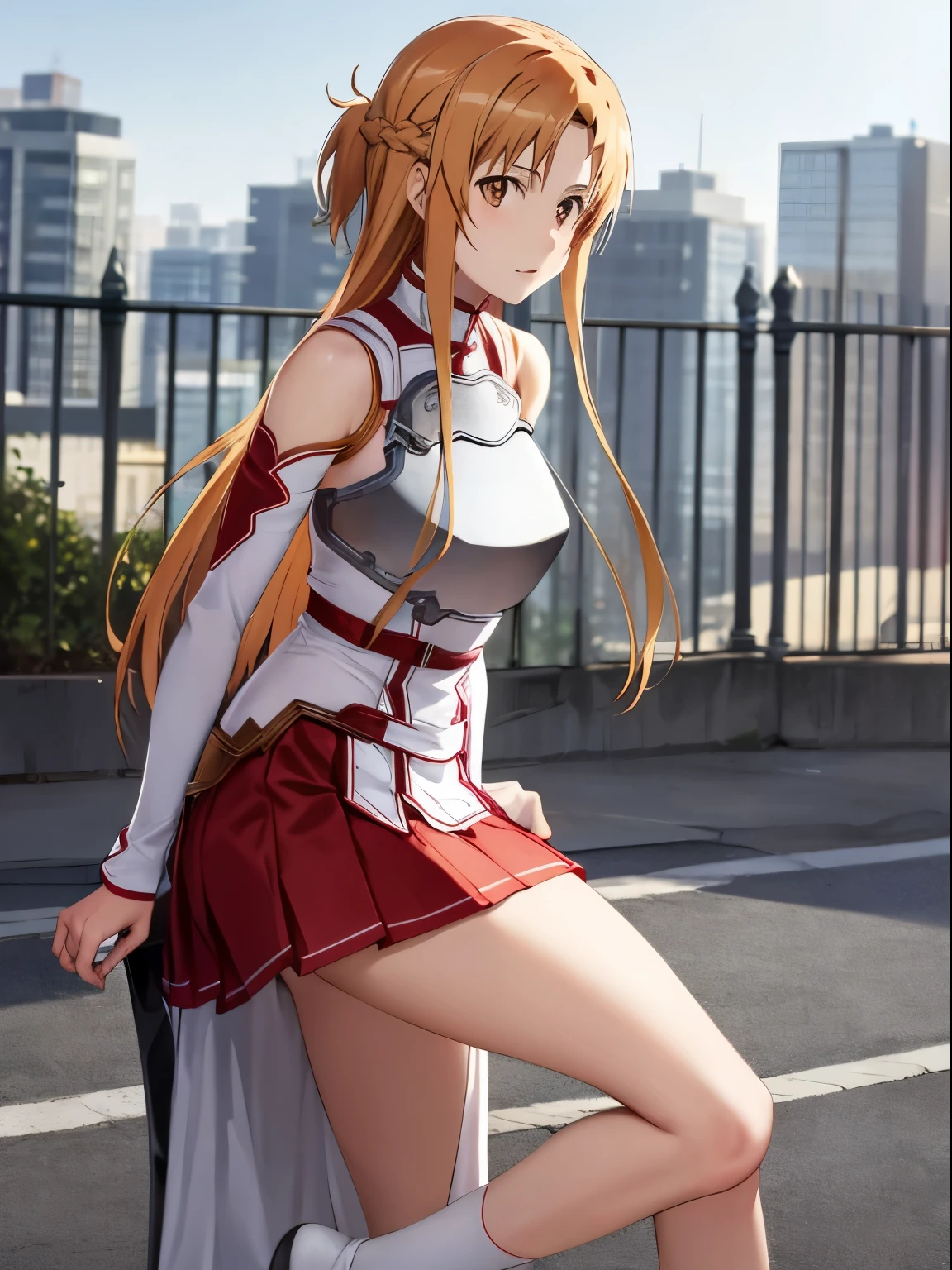 asuna,  Long hair,  Brown hair, hair,  brown eye , bare shoulders, armor, breastplate, white sleeves,  detached sleeves , red skirt,  pleated skirt , white stockings, sad, disappointed, blushing,  Wet_fabrics, ((torn_ clothes ))  narrow waist , narrow hips, slender, petite , refined ,  sexy body ,  firm teardrop-shaped chest ,  long legs, slender legs,  small tight ass,  medium chest , expression of pleasure Partner Male Klein, girl on her knees, cock in mouth
BREAK walking , Very_Dark, sewage_Tunnel, filthy, stone_wall, dripping_water, water,
 