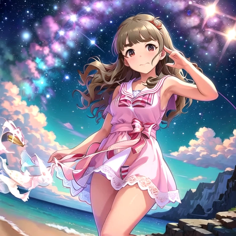 Absurd, High resolution, masterpiece, Best Quality,
Nao Kamiya, Brown Hair, Long Hair, (shy:1.1), (:1.1), Pink Lips, break,
 Outdoor, Beach, Starry Sky,night, you have_Sailor_dress, striped bow, white dress, mini skirt, Thighs, coastal,Crescent Moon,Choppy sea
