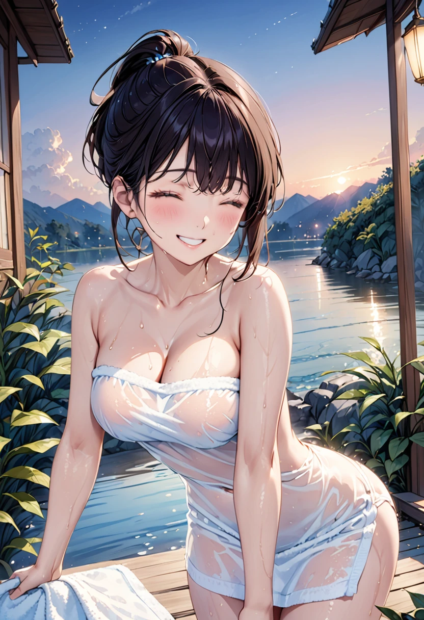 top-quality、hight resolution,  Girl in white micro bikini、small tits、younger sister、A dark-haired、hot onsen、 Looks like a model, Idol Grace,   a smile、 hot onsenに入る、full of sweat、tiny chest、ssmile、mountain view in the background、(Photo 1 seen from below:1)