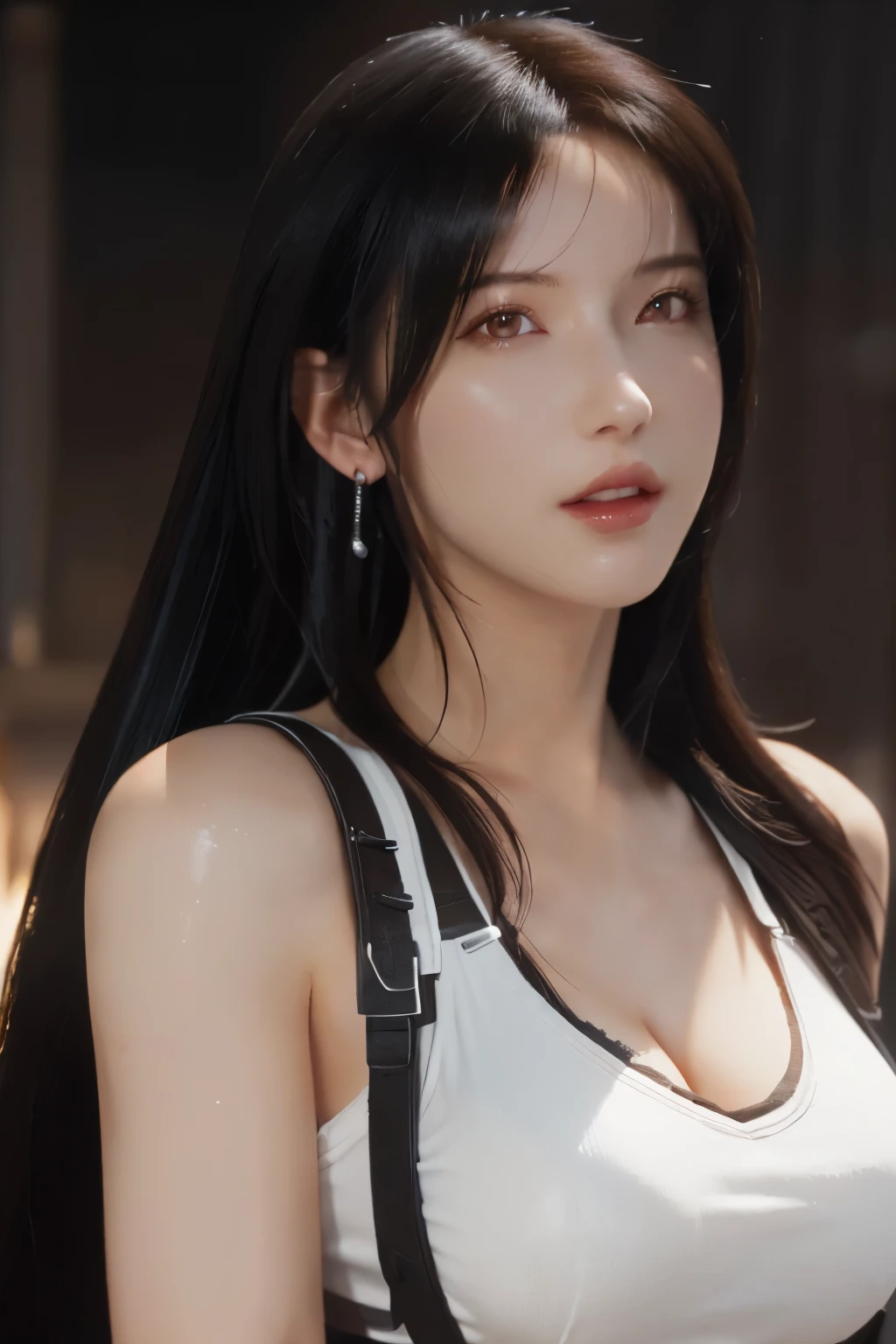 there is a woman in a sexy tifa dress, tifa, seductive tifa lockhart portrait, tifa lockhart, glamorous tifa lockheart, tifa lockheart, trending on cgstation, [ 4 k photorealism ]!!, lara croft eating ice cream, [ 4 k photorealism ]!!!, photorealistic anime girl render, tifa lockhart portrait