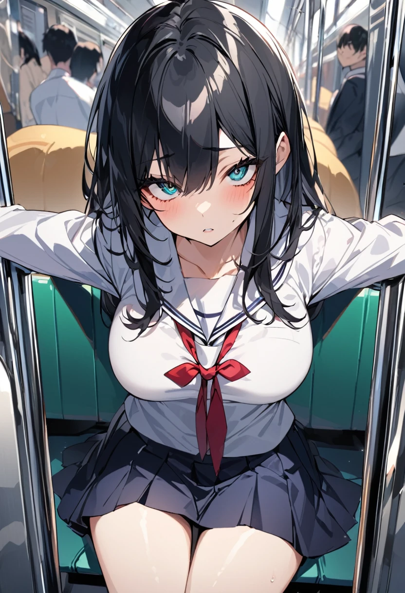 NSFW、masterpiece, 最high quality, high quality, High resolution, One girl, alone, Blue Hair, Long Hair, blue eyes, White shirt ,Black office skirt, Knee socks, whole body, Sit with your legs apart、Depth of written boundary, on the train,(((Body odor、Bad smell)))、(((Sweat)))、((((Sweat染み、Yellowing、odor))))、(((Soaking wet)))、(((((Love juice)))))、((((Detailed pussy))))、(((Peeing)))、((Leg spread))、(((Covered in bodily fluids)))、(((Squirting)))、