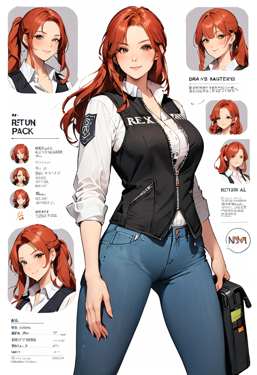 (draw) ((masterpiece, Best Quality)) (Character design sheet, Same character, Front, side, return, There are words written all around) Woman with long hair, Redhead with ponytail hairstyle, Brown eyes, Wearing a bulletproof vest, Long sleeve zipper shirt, White shirt and jeans, returnpack, Stand and relax, Mature Woman