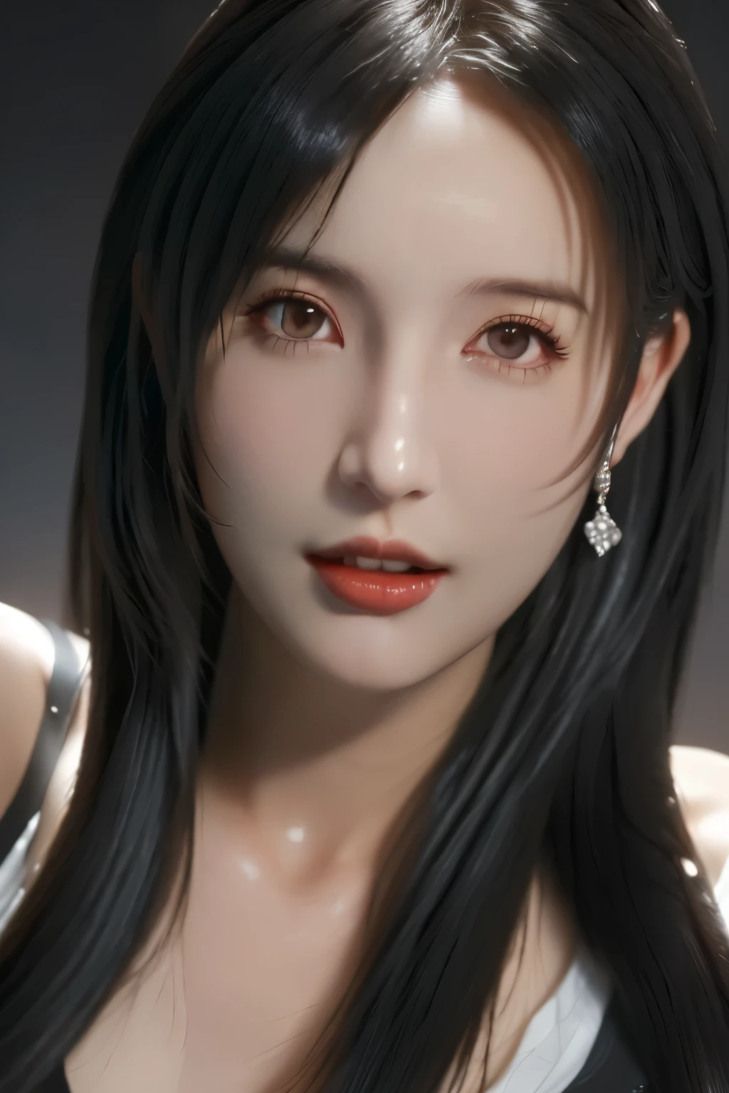 there is a woman in a sexy tifa dress, tifa, seductive tifa lockhart portrait, tifa lockhart, glamorous tifa lockheart, tifa lockheart, trending on cgstation, [ 4 k photorealism ]!!, lara croft eating ice cream, [ 4 k photorealism ]!!!, photorealistic anime girl render, tifa lockhart portrait