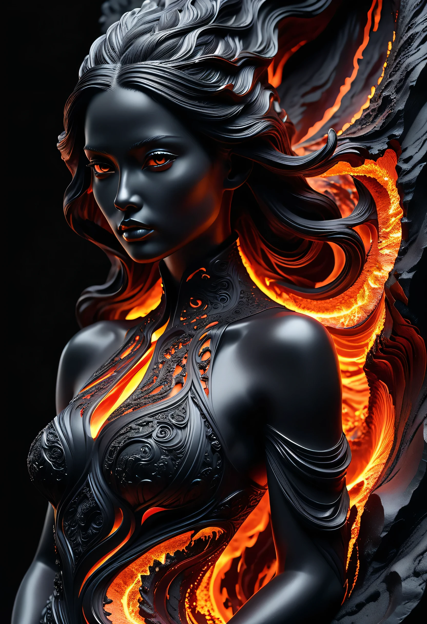 high quality, 8K Ultra HD, Surreal portrait of a stunning woman.
Attractive female digital art, Meticulously crafted,Combining warm and cool elements, Determined and energetic, Flowing lava, Her body is engraved with intricate details,Presented in a hyper-realistic way. The pure black background makes her stand out, The light reflects on her body with a subtle glow,Highlighting the contrast between solid and liquid in the overwhelming darkness, Heat and cold, Creating a fascinating paradox, Massive, Programming