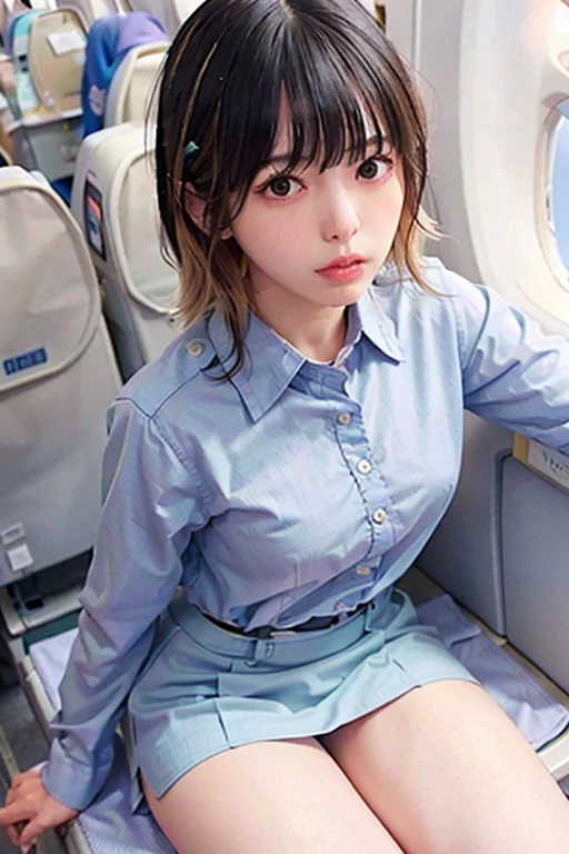 Best Quality, masterpiece, 8k, Ultra-high resolution, (Photorealistic:1.4), One Girl、Beautiful Face、Symmetrical eyes、Small breasts、美しいSmall breastsの谷間 、Perfect body proportions、Stewardess Uniform、The chest of the uniform is open、Tight skirt with slit、Knee socks、Beautiful legs、View your viewers、(In-flight:1.2)、View from the front、shoulder、Absolute territory(1.3)、White panties、Beautiful thighs、Cowboy Shot、Spread your legs、