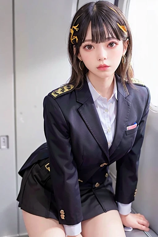 Best Quality, masterpiece, 8k, Ultra-high resolution, (Photorealistic:1.4), One Girl、Beautiful Face、Symmetrical eyes、Small breasts、美しいSmall breastsの谷間 、Detailed nipple shape、Perfect body proportions、Stewardess Uniform、The chest of the uniform is open、Tight skirt with slit、Knee socks、Beautiful legs、View your viewers、(In-flight:1.2)、View from below the front、Off the shoulder、Absolute territory(1.3)、White panties、Beautiful thighs、Cowboy Shot、Spread your legs、Beautiful groin、Knee socks、Earrings、Slender、Beautiful thighs、