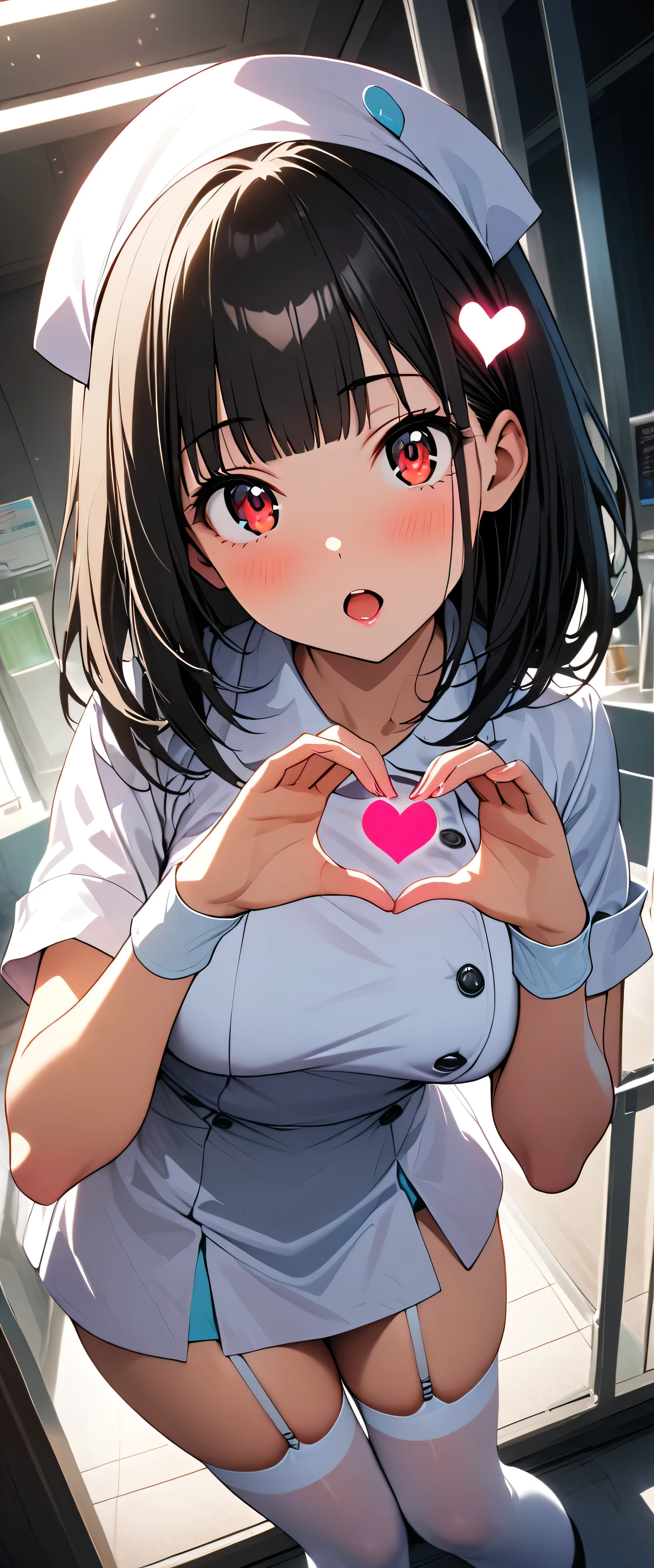 (beautiful girl: 1.3),One girl,masterpiece,Please redeem,Ultra-high resolution,Rich contrast,super high quality,8k,Highly detailed CG unit wallpaper,Texture,Very absurd,RAW Photos,Please redeem anime,Depth of written boundary 1.2,Very detailed eyes,Glowing Skin,Glitter Effect,Beautiful glossy lips,(Straight bangs,Medium Hair,Black Hair),Red eyes,Nurse uniform,Nurse working in hospital,white Nurse uniform,Large Breasts,Big round ass,(Knee-high socks),Absolute territory,Garter Straps,Embarrassing,Leaning forward,look up,Tilt your head,(((Heart Hands))),Open your mouth wide