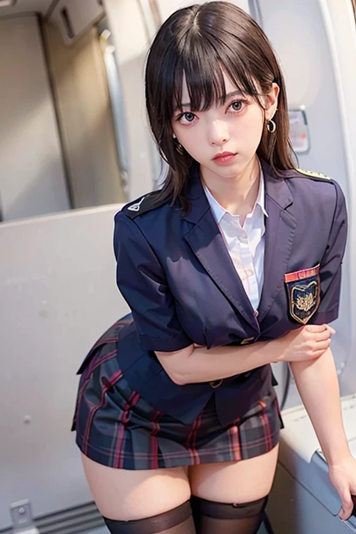 Best Quality, masterpiece, 8k, Ultra-high resolution, (Photorealistic:1.4), One Girl、Beautiful Face、Symmetrical eyes、Small breasts、(美しいSmall breastsの谷間) 、Detailed nipple shape、Perfect body proportions、(Stewardess Uniform、The chest of the uniform is open、Small breastsの谷間)、Tight skirt with slit、Knee socks、Beautiful legs、View your viewers、(In-flight:1.2)、View from below the front、Off the shoulder、Absolute territory(1.3)、Tight skirt and purple panties are visible、Beautiful thighs、Cowboy Shot、Spread your legs、Beautiful groin、Knee socks、Earrings、Slender、Beautiful thighs、