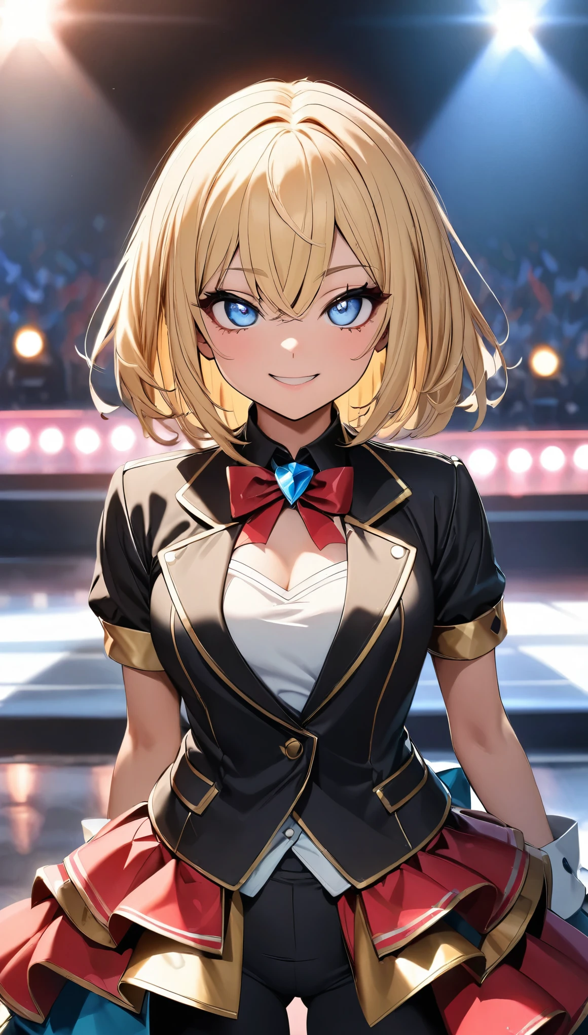 (Beautifully detailed eyes, Beautifully detailed lips, Highly detailed eyes and face, Long eyelashes), smile, One girl, (((Light blonde, Light blue eyes, Very Short Hair:1.2, Straight hair, Bangs between the eyes, Bangs that hide the eyes))), Gal Makeup, Moist lips, whole body:1.2, ((Red rock style idol costume:1.4, Detailed black pantsuit, Gold tribal pattern:1.6)), Dance Motion, Motion Blur:1.2, (Best Quality, 4K, 8k, High resolution, masterpiece:1.2), Live Stage Environment, Portrait, High contrast, Cinematic lighting, Dynamic pose, Vibrant colors.