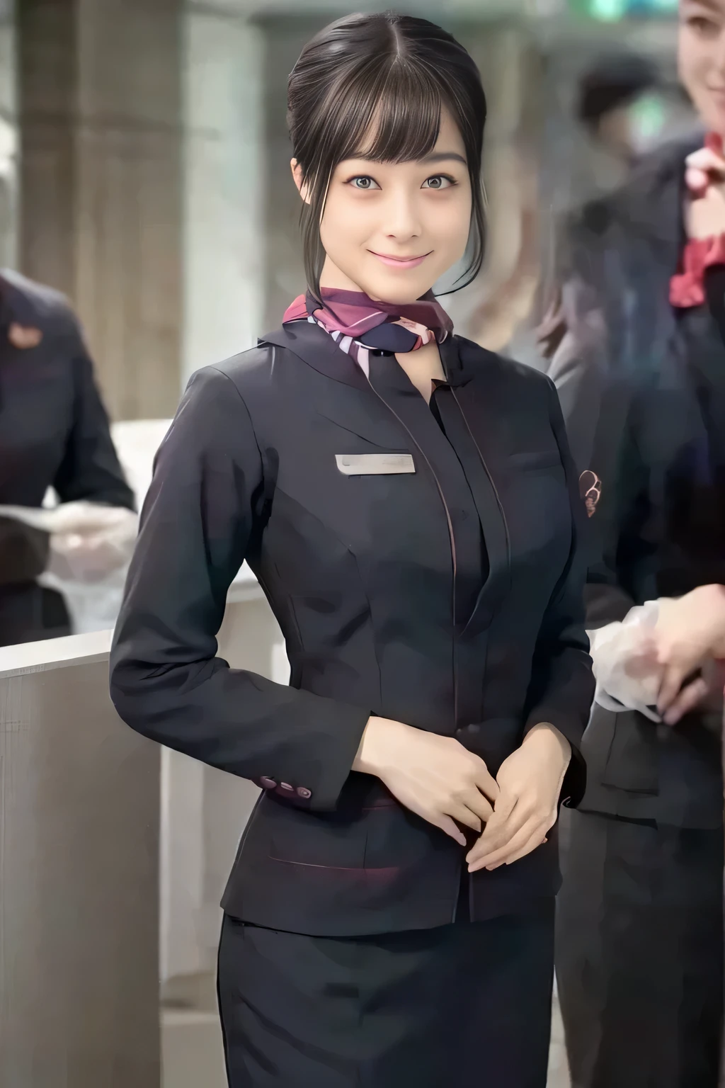 (masterpiece:1.2, Best Quality:1.2), 32K HDR, High resolution, (Alone、1 girl)、(JAL cabin crew uniform realistic style)、 (At the airport counter, Professional Lighting)、A proper woman, Beautiful Face,、(黒のJAL cabincrew uniform)、(Long sleeve JAL cabin crew uniform)、(Scarf around the neck)、Big Breasts、(Long hair upstyle、bread)、Dark Brown Hair、Long Hit、((:2.0))、((A harmonious body shape:1.5))、((Normal limbs:2.0))、((Normal finger:2.0))、((Delicate eyes:2.0))、((Normal eyes:2.0)))、Beautiful position、smile、Hands clasped underneath