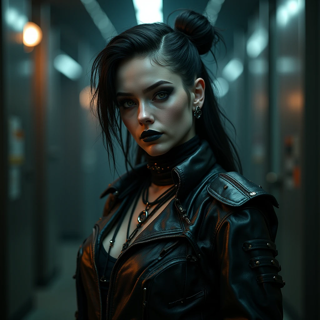 Dark techno woman posing for a photo in an underground rave scenario