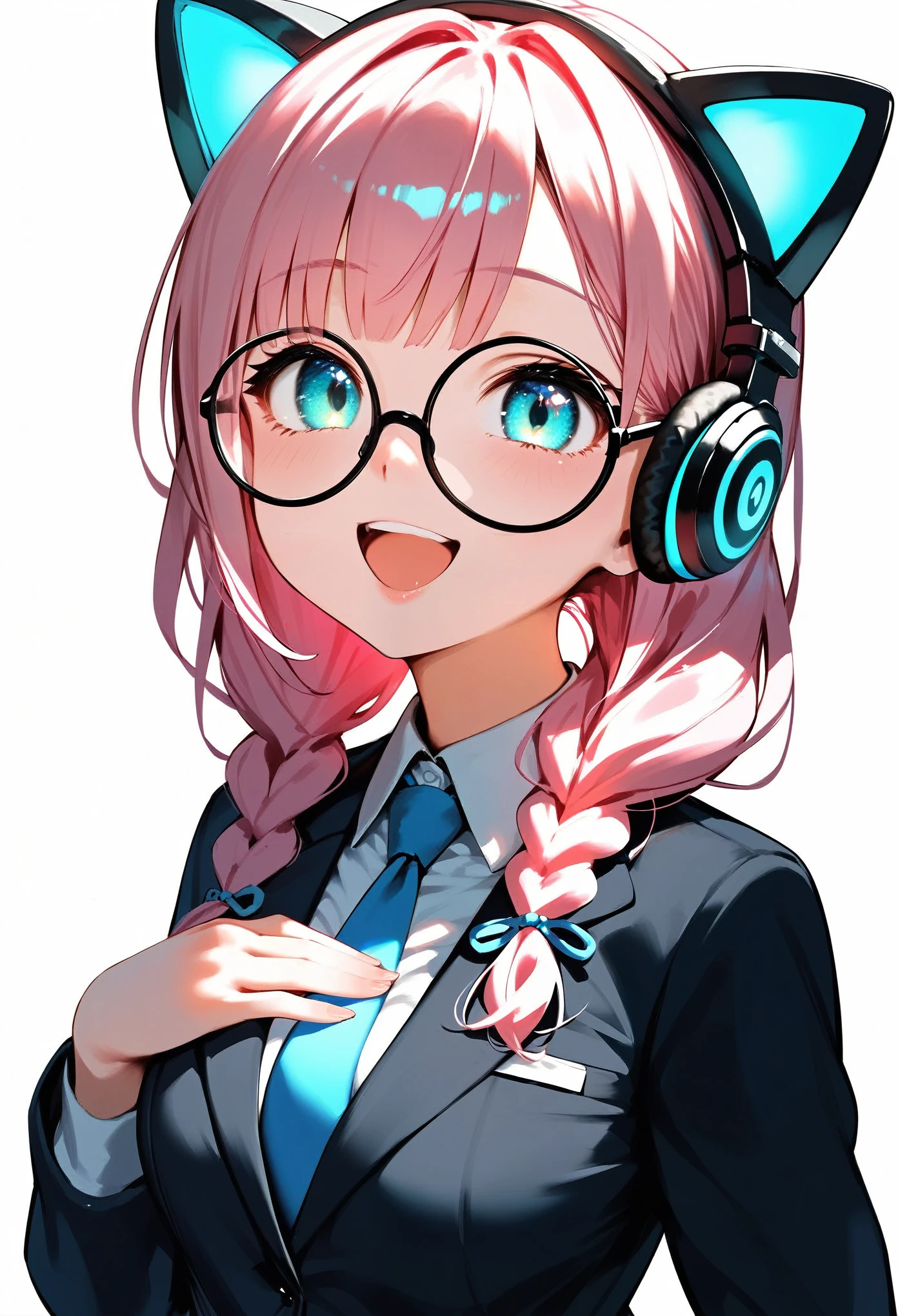  (best quality:1.2), (ultra-detailed:1.2), (2.5D:1.2), (Anime Moe Art Style), 1girl , pink hair,  Cyan eyes, gradient eyes, twin braids, blue Glowing cat ear headphones, black round glasses, secretary suit, smile beam, open mouth, hand on own chest, white background, 