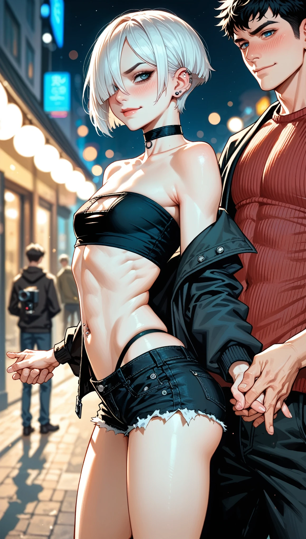 2 character, 1 big and muscular-male (no-face); 1 ite Goth girl shorter than the male (around his upper arm), size difference, piercing, white hair, hair over one eye, tube top, sagging jacket, ((micro-ripped-shorts)), navel, small breast, big ass and bare thighs, choker, three-quarter view from behind, view from side, looking at the camera, ((walk with male, lean on male, holding hand)), naughty smirk, blushing, dramatic angle, blurry background, bokeh, city night lamp, above eye level camera