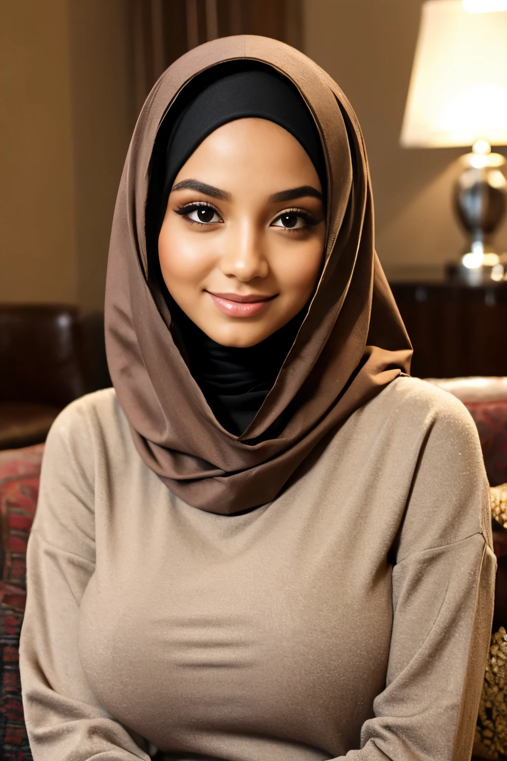 (Female Persian tween), close up, brown skin, (Hijab), (huge lips, fake lips), gorgeous, long sleeved turtleneck shirt, sitting in a living room, blushing, closed smile, skinny, anorexic, slender, petite, hiding arms behind back, huge boobs, young, youthful, big nose