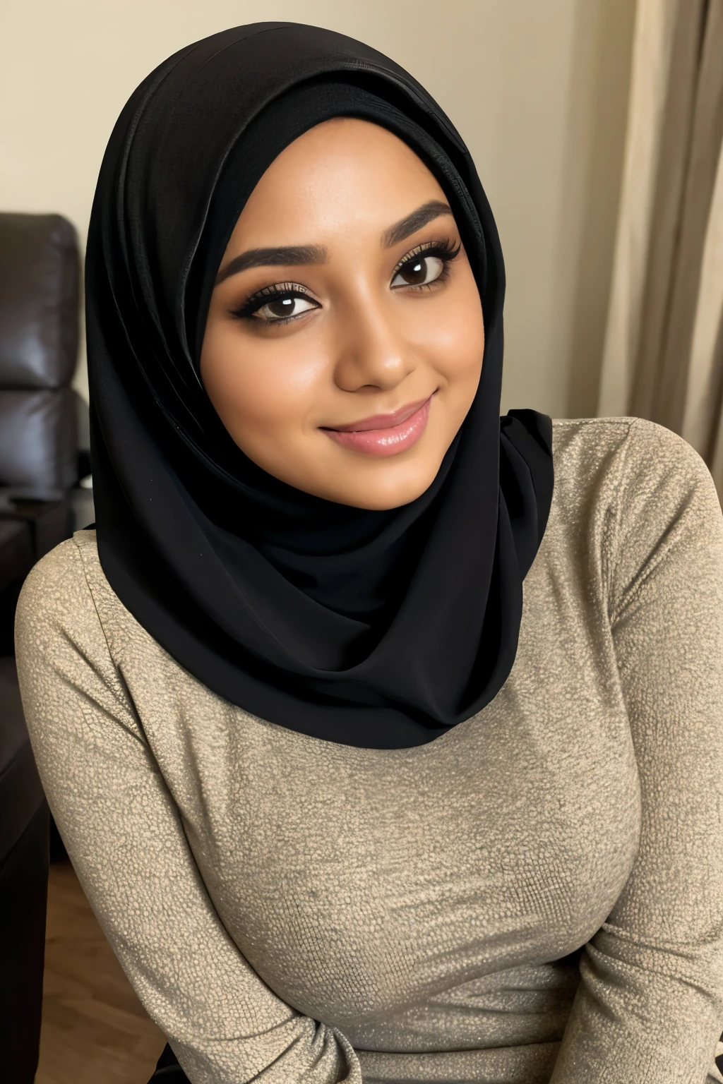 (Female Persian tween), close up, brown skin, (Hijab), (huge lips, fake lips), gorgeous, long sleeved turtleneck shirt, sitting in a living room, blushing, closed smile, skinny, anorexic, slender, petite, hiding arms behind back, huge boobs, young, youthful, big nose